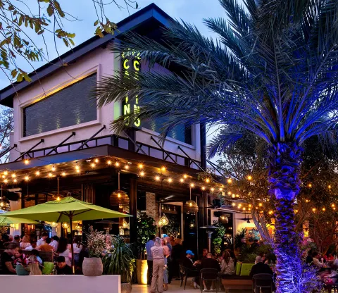 El Camino Boca Raton exterior at dusk with illuminated green sign, string lights along the patio, palm trees, and diners seated at outdoor tables
