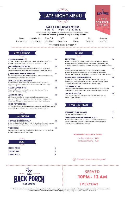 Back Porch, menu