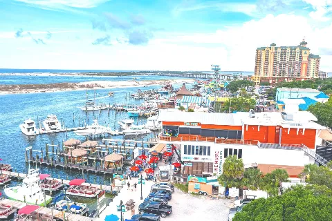 Marina with boats and waterfront buildings