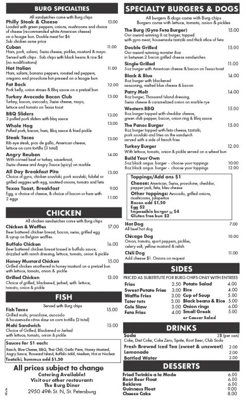 Burg Bar & Grill, menu