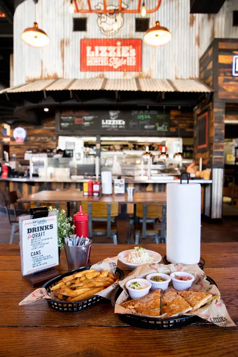 Lizzie’s BBQ quesadilla with fries and coleslaw