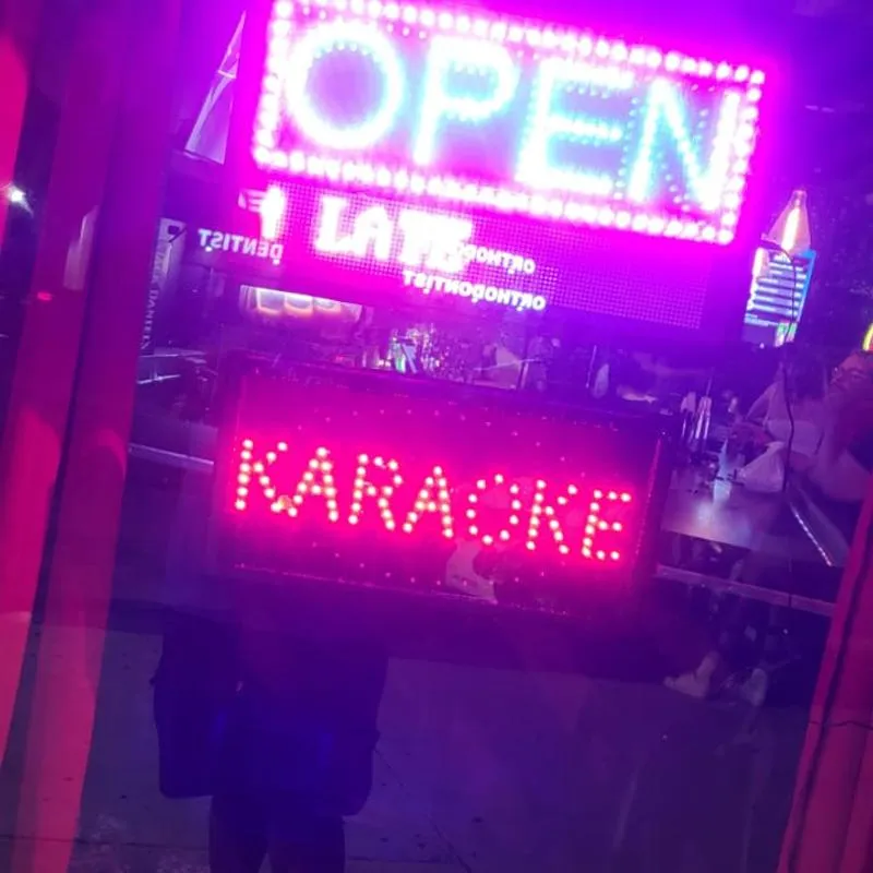Neon Open and Karaoke signs glowing in storefront window.
