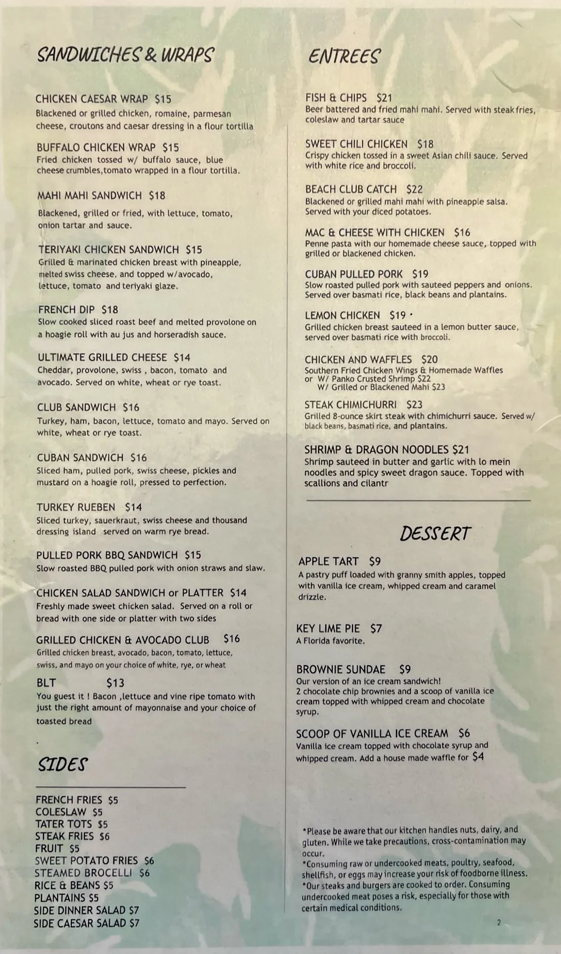Page 2 of the Beach Club printed menu, covering sandwiches and wraps, entrees, sides and dessert. The complete menu is written out as text below this image.
